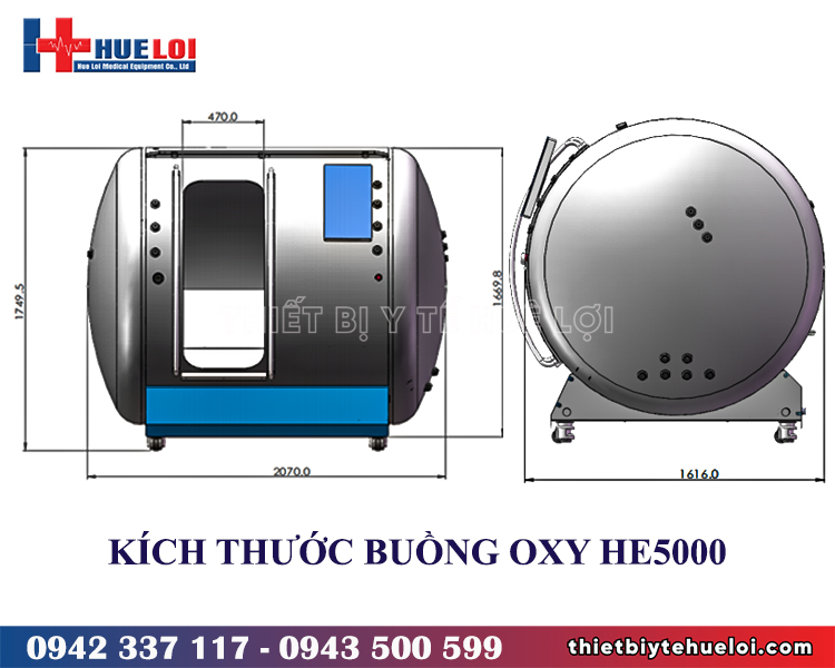 kích thước buồng oxy cao áp he5000